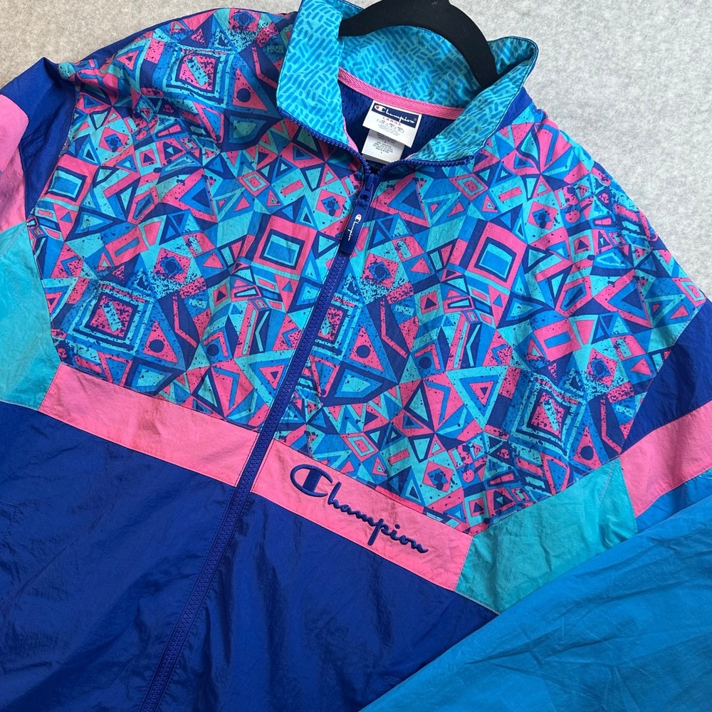 Champion x MTV Windbreaker Jacket Mens Large Blue Pink Geometric Retro 90s
